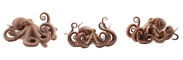 Realistic brown octopus PNG set, isolated marine kraken tentacles transparent background, aquatic sea monster wildlife illustration clipart, nautical ocean creature cutout bundle for design. © ploki