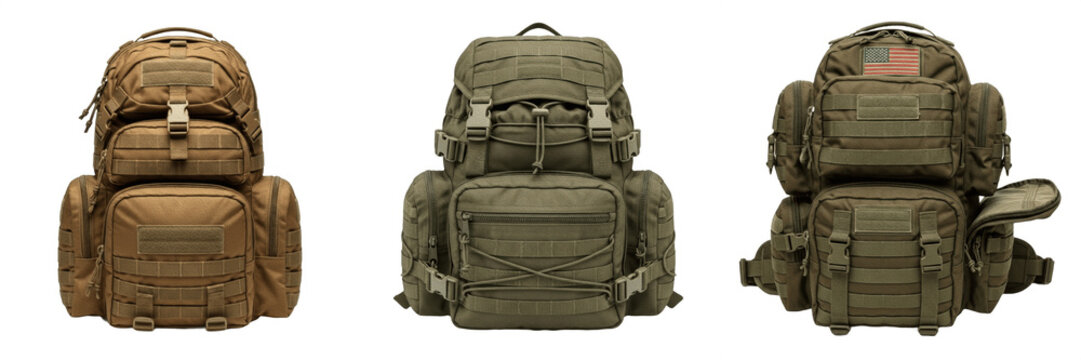 Military tactical backpack set PNG, isolated army survival rucksack transparent background, heavy duty camouflage combat gear, MOLLE hunting hiking bag cutouts for graphic design.