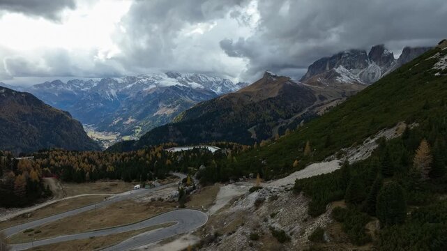 Passo Pordoi Overcast Autumn Drone Flight
