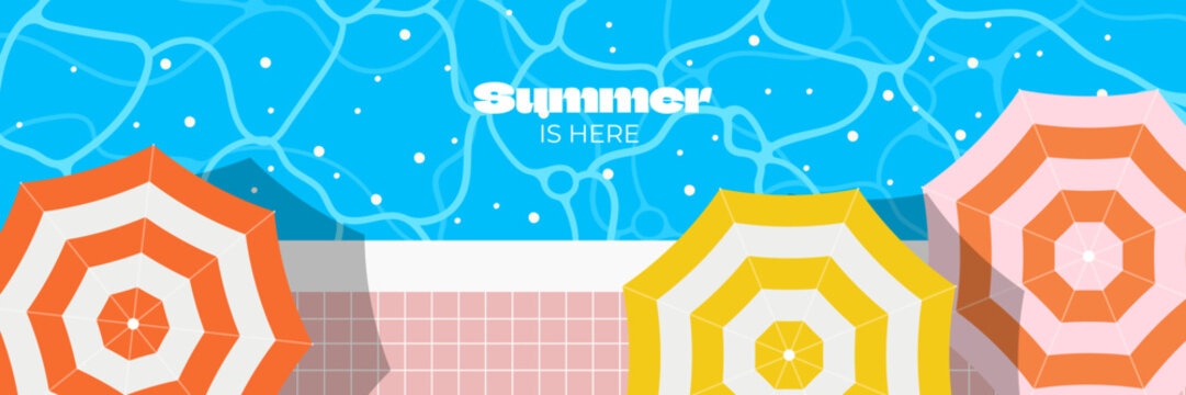 Summer Pool Banner with Colorful Striped Parasols and Blue Water Top View