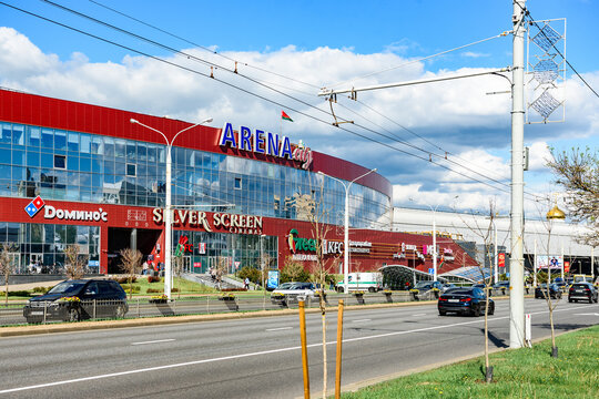 MINSK, BELARUS - May 15, 2026: Modern architecture shopping center "Arena City" on Pobediteley Avenue in Minsk.