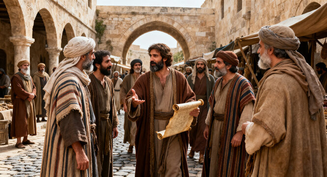 A man holding a scroll addresses a group of men in an ancient marketplace setting