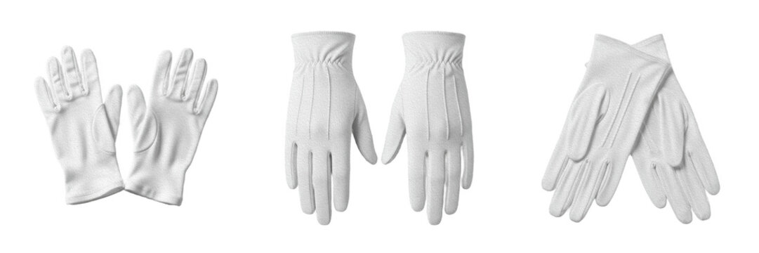 Set of Three Pairs of Elegant White Formal Cotton Gloves, Isolated on White Background. Professional Apparel for Weddings, Waiters, Performers, or Ceremonial Events, High-Quality Cutout PNG Stock Asse