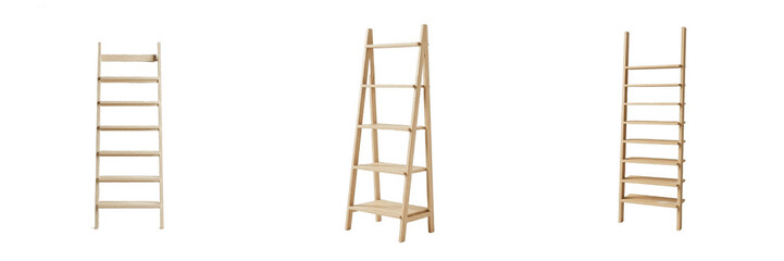 Set of Three Decorative Wooden Ladder Shelves, Isolated on White Background. Modern Rustic Storage Organizers for Blankets, Towels, or Books. High-Quality Cutout PNG Stock Asset for Home Decor and Int © ploki