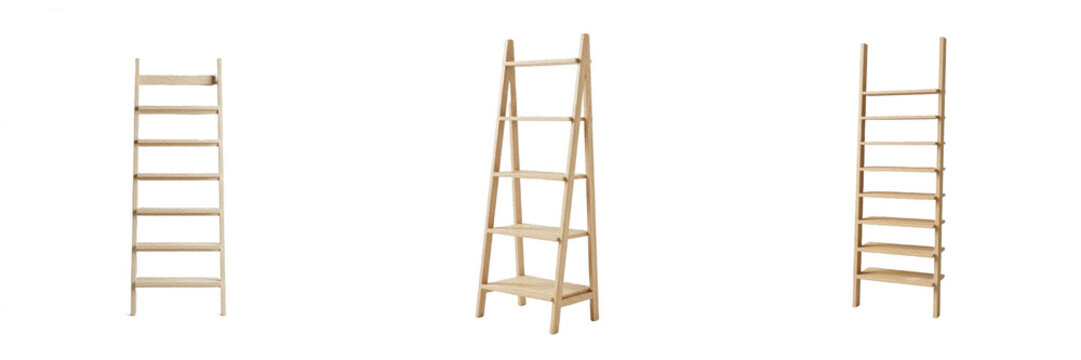 Set of Three Decorative Wooden Ladder Shelves, Isolated on White Background. Modern Rustic Storage Organizers for Blankets, Towels, or Books. High-Quality Cutout PNG Stock Asset for Home Decor and Int