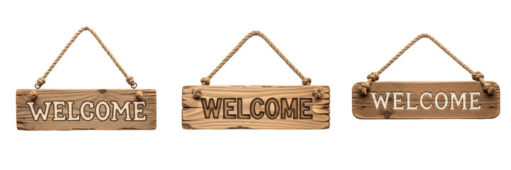 Set of Three Rustic Wooden 'Welcome' Hanging Signs with Rope, Isolated on White Background. Decorative Farmhouse Style Wall Plaques for Home Entryway or Business Decor, High-Quality Cutout PNG Stock A © ploki