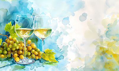 Obraz premium Watercolor illustration of two glasses of white wine with grapes and leaves. Artistic background for Jewish Sabbath, wine tasting occasion.