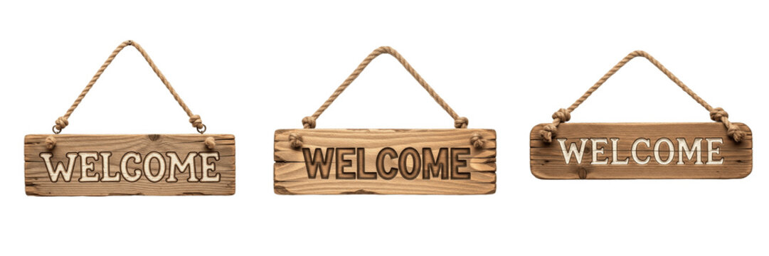 Set of Three Rustic Wooden 'Welcome' Hanging Signs with Rope, Isolated on White Background. Decorative Farmhouse Style Wall Plaques for Home Entryway or Business Decor, High-Quality Cutout PNG Stock A