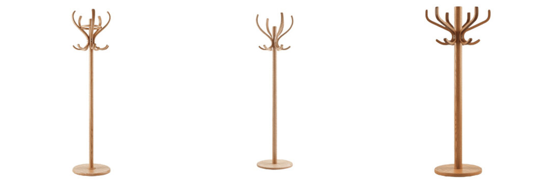 Set of Three Modern Standing Wooden Coat Racks with Multiple Hooks, Isolated on White Background. Stylish Floor-Standing Garment Hangers for Home Entryway or Office Decor, High-Quality Cutout PNG Stoc