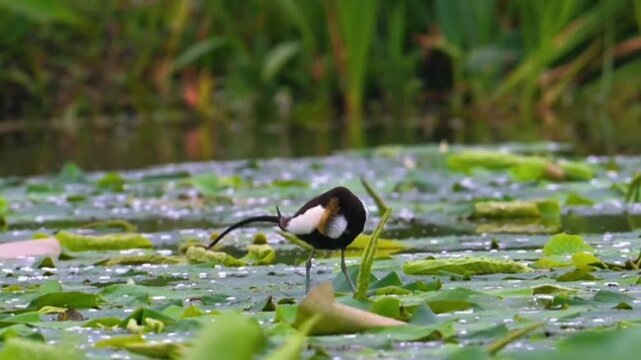 Pheasant tailed jacana itching his body in pond water 