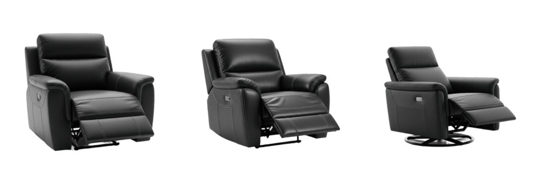 Set of Three Modern Black Leather Recliner Armchairs Isolated on White Background, Comfortable Adjustable Living Room Furniture, Stylish Ergonomic Reclining Chairs, Premium Interior Decor Elements, Hi