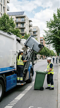 Woman and man garbage collector loading refuse bin into truck on city street. Waste management service workers protecting environment. Professional sanitation engineer urban labor concept.