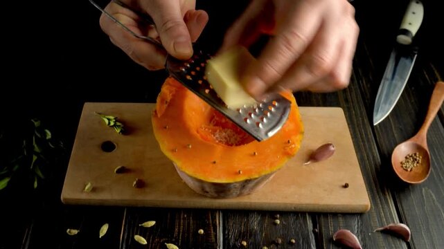 Hands grating butter onto a halved orange pumpkin on a wooden cutting board with spices and utensils arranged around the scene