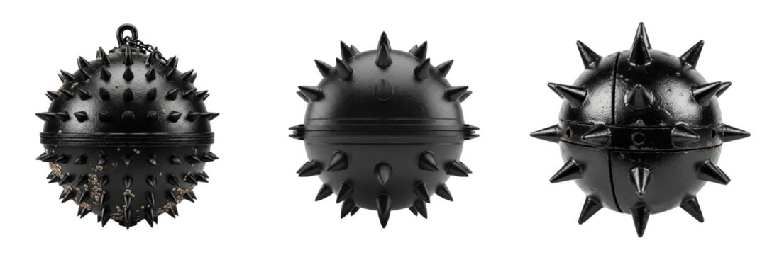 Set of Three Black Spiked Spheres Isolated on White Background, Tactical Military Sea Mine Props, Dangerous Pointed Round Objects, 3D Style Gothic Decor Elements, High-Quality Cutout PNG Collection fo