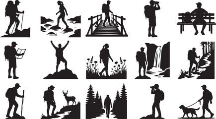 Collection of hiking and outdoor activity silhouettes Vector © RobiulIslam