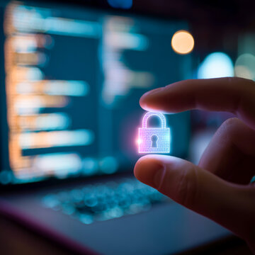 Close up of a human hand holding a glowing digital padlock icon against a blurry laptop screen with computer program code, cybersecurity and data protection concept