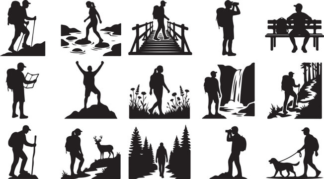 Collection of hiking and outdoor activity silhouettes Vector