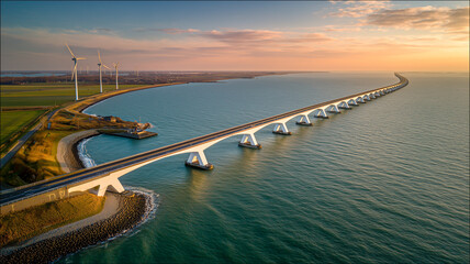 Obraz premium Aerial view of the long Zeeland Bridge stretching across the calm sea at sunset, with wind turbines on the green shore under a warm golden sky in the Netherlands