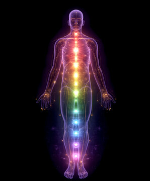 Full body illustration of a transparent human profile with glowing colorful energy points or chakras along the spine. Esoteric, yoga, and meditation concept