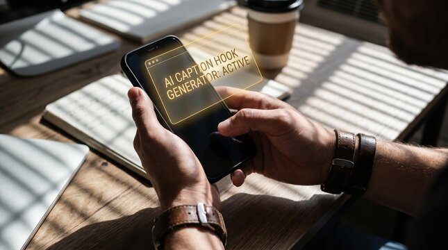 Man using smartphone with AI caption generator app, focusing on generating engaging content for social media