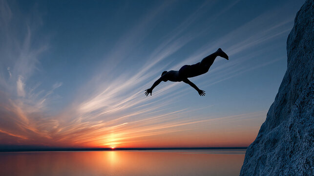An individual leaps off a cliff into the sunset for adventure.