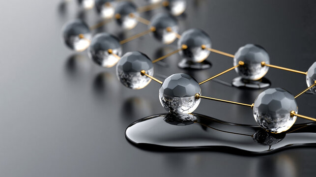 Close-up of a molecular structure with shiny spheres and liquid.