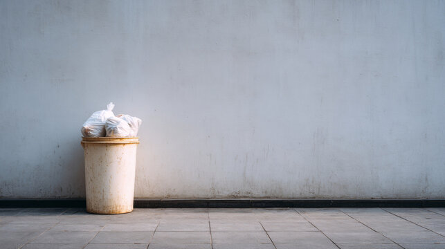 Overflowing trash bin against wall