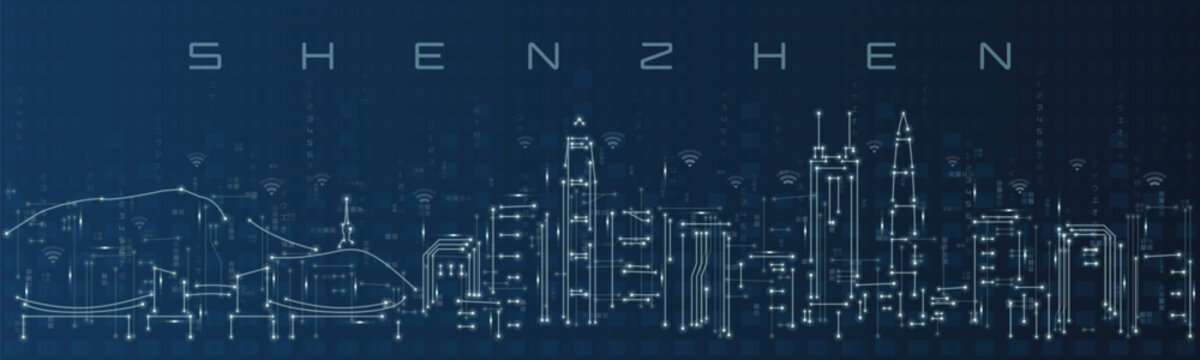 Shenzhen Smart City Skyline Vector in Circuit Board Style Futuristic Technology Background