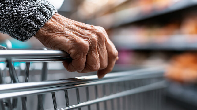 Close-up of an elderly person's hand on a shopping cart.