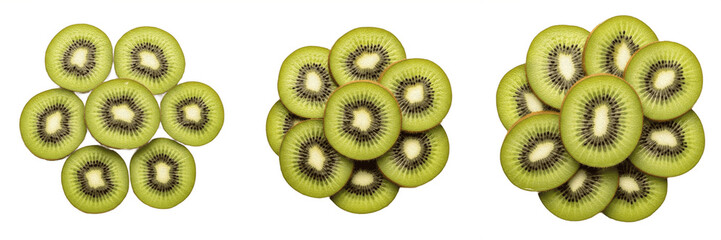 Fototapeta premium Fresh Kiwi Slices Collection: Set of Round Green Tropical Fruit Slices, Healthy Organic Food Ingredient, Top View, Isolated on White Background, High-Quality PNG