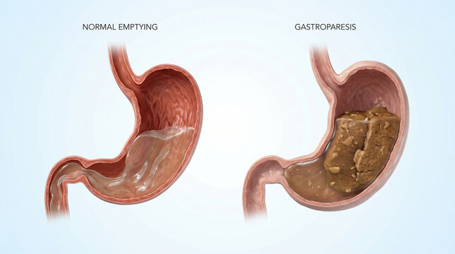 Gastroparesis Disease and Normal Stomach Emptying Anatomy Comparison