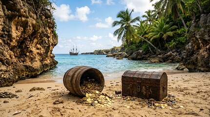 Fototapeta premium A pirate ship sails on the horizon near a tropical beach with a spilled barrel of gold coins and a treasure chest
