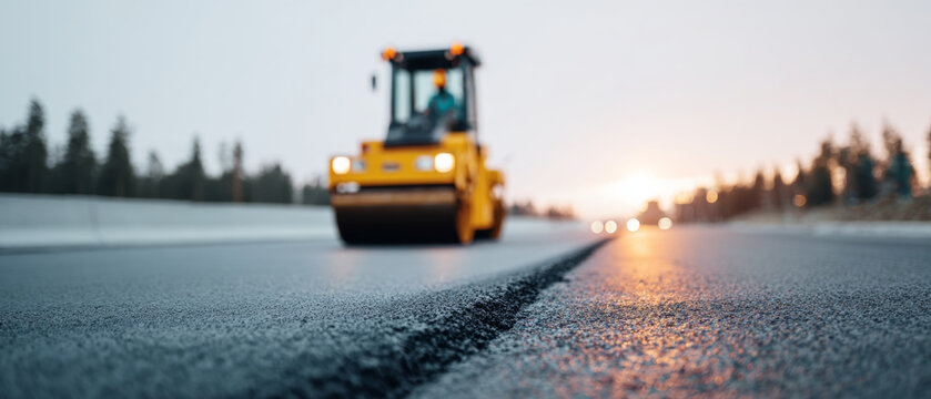 Road roller compacting fresh asphalt pavement