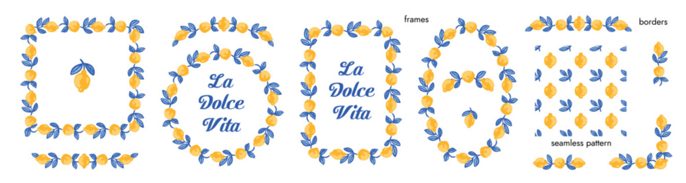 Citrus lemon, la dolce vita, set of  frames and seamless pattern, decorative wreath and borders, can be used for porcelain, menu card, wall art, textiles, fabric, packaging, covers, vector