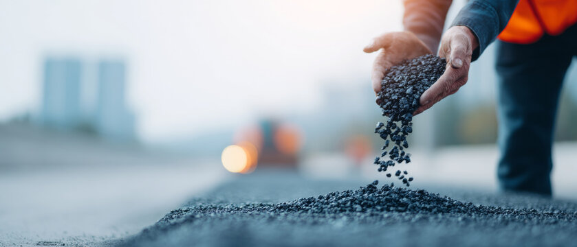 Worker pouring asphalt on road construction