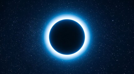 Obraz premium Cosmic black hole with a bright blue glowing aura against a backdrop of a star-filled deep blue galaxy