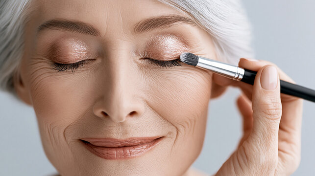 Elderly woman applying makeup with a brush, showcasing beauty.