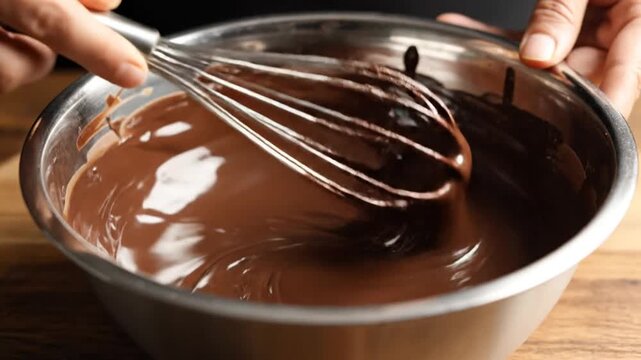Hand whisking melted dark chocolate in metal mixing bowl.