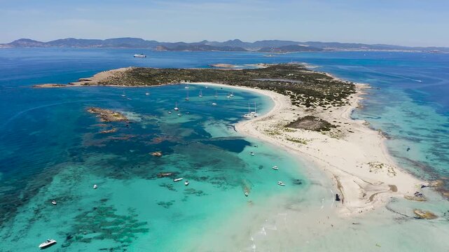 Drone view of famous islet of Espalmador and S&rsquo;Alga beach after Ses Illetes beach in the island of Formentera. Spain. 