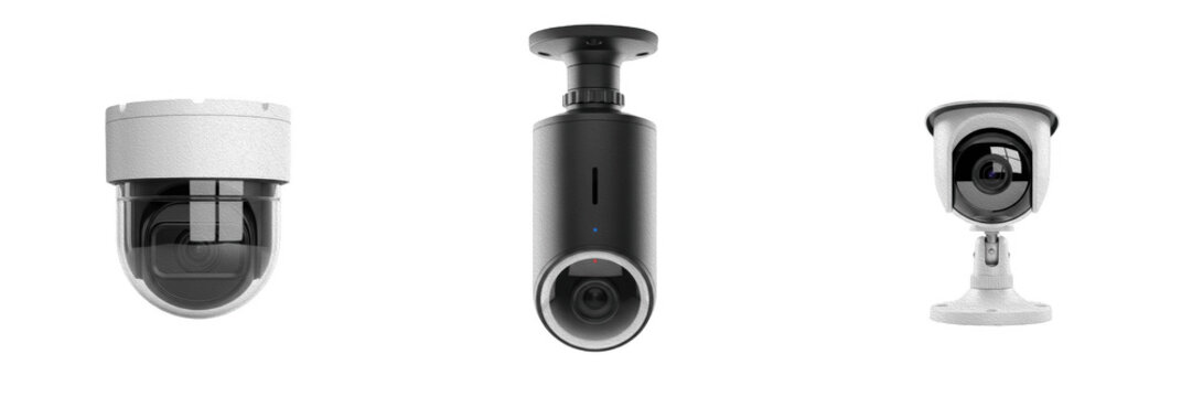 Security Camera Mockup Set, Professional CCTV Surveillance Equipment, Dome and Bullet Style Cameras for Home and Business Protection, Realistic 3D Digital Hardware Assets, Isolated on White Background