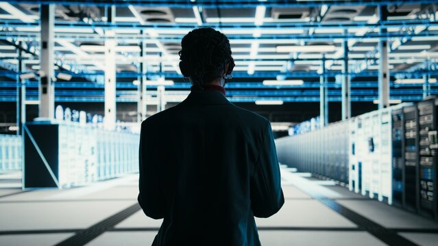 Software developer walks in data center, using tablet and AR technology to debug system errors, Server farm IT professional runs diagnostics on blue wireframe mesh equipment supercomputers, camera A.
