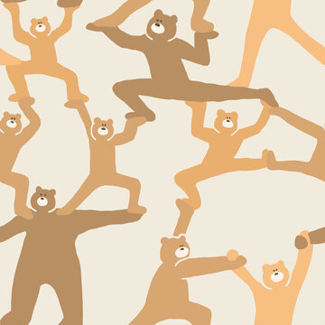 Cute bear gymnastics seamless pattern with playful teddy bears on beige background