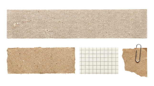 Collage set of woven canvas strip, grid paper rectangle, and torn kraft paper scraps with a metal paperclip on a transparent background