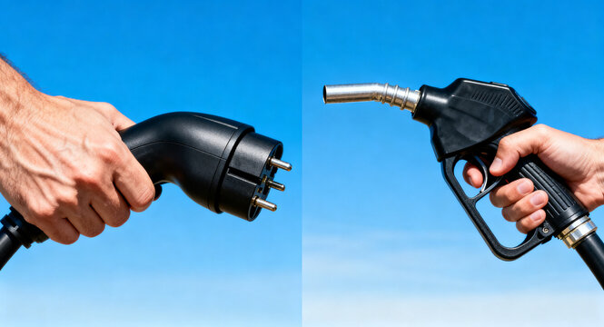 Hands holding an electric vehicle charger and a gasoline pump nozzle, clearly illustrating the contrasting energy choices and the evolving future of sustainable transport