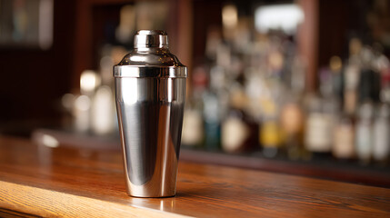 Sleek Stainless Steel Shaker on a Warm Wooden Bar Counter with Blurry Bottles in Background, Ideal for Advertise Drink Prepare Concepts