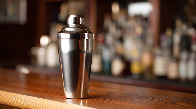Sleek Stainless Steel Shaker on a Warm Wooden Bar Counter with Blurry Bottles in Background, Ideal for Advertise Drink Prepare Concepts