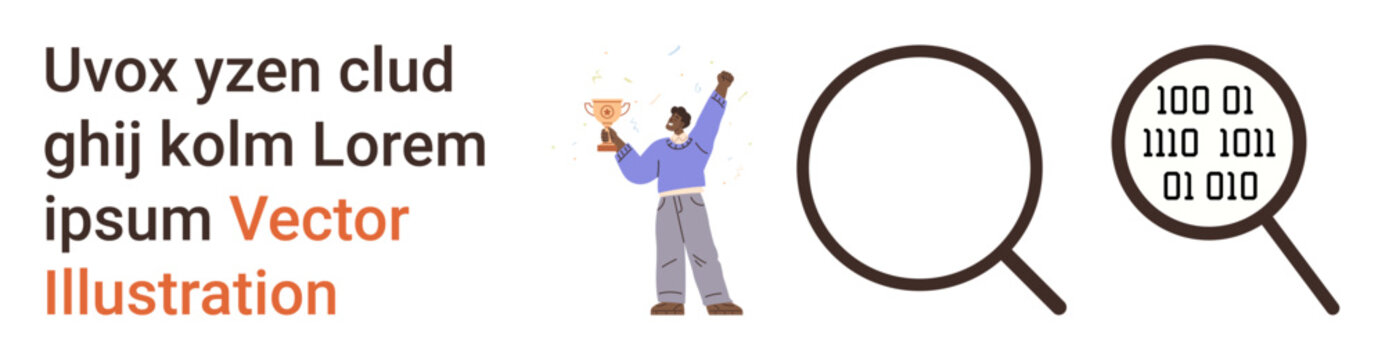 Data analysis, digital security, success, coding, investigation, technology. A magnifying glass over binary code and person holding a trophy. Digital security and coding concepts