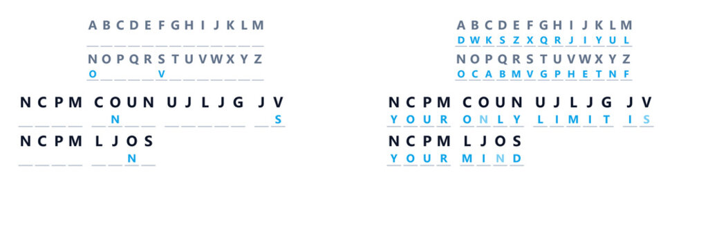 Printable cryptogram puzzle with cipher alphabet and decoded secret message answer key, short code breaking brain teaser activity sheet