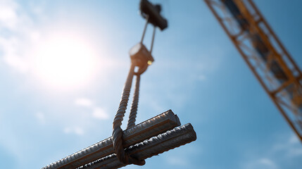 Fototapeta premium Industrial Crane Hook Lift Rebar Steel Rods into Bright Blue Sky with Glowing Sun Flare, Focus on Construction Site Detail and Progress