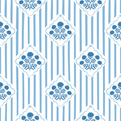 Obraz premium Blue floral block print seamless pattern. Hand drawn striped summer garden damask geometry ornament with tiny bouquet of flowers. Vector textile design, wallpaper, repeat background, print, fabric